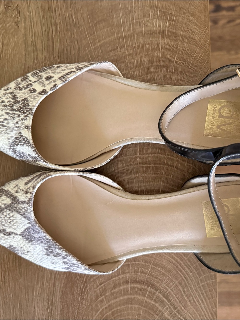 DV by Dolce Vita Beige Snake-Print D'Orsay Heels with Black Ankle Strap